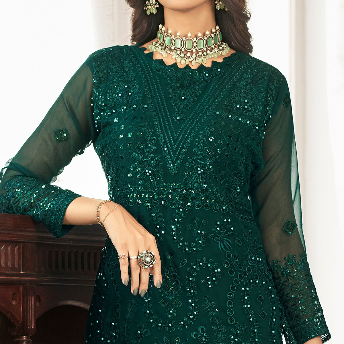 Green Floral Sequins Embroidered Georgette Pakistani Suit