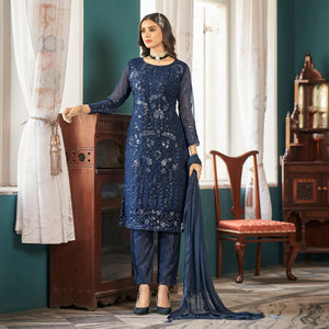 Blue Floral Sequins Embroidered Georgette Semi Stitched Pakistani Suit