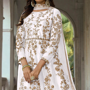 White Floral Embroidered Net Semi Stitched Anarkali Suit