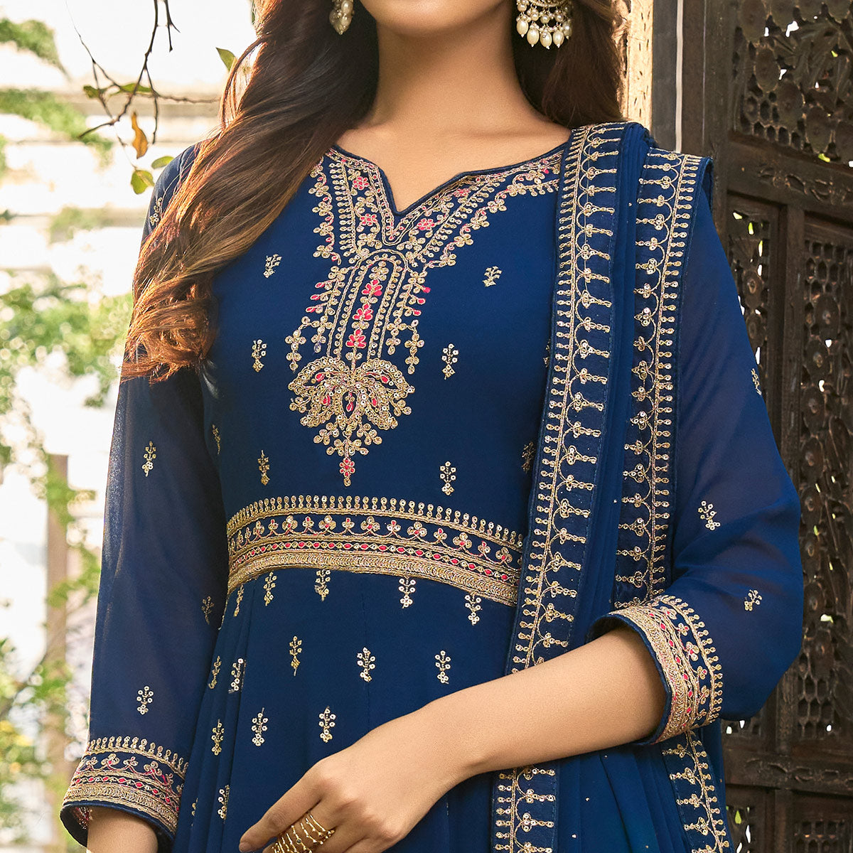 Blue Floral Sequins Embroidered Georgette Semi Stitched Anarkali Suit