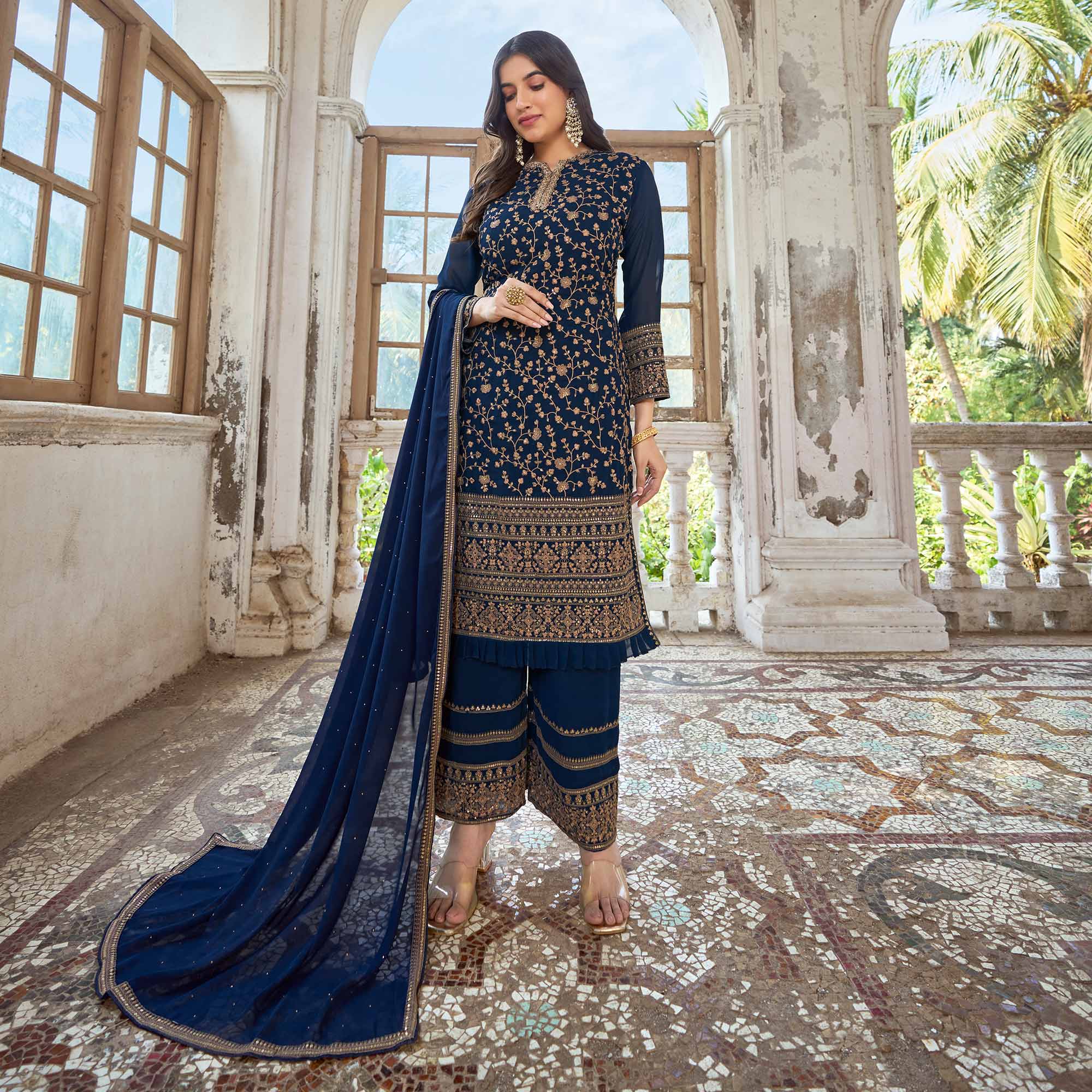 Blue Floral Embroidered Georgette Semi Stitched Suit