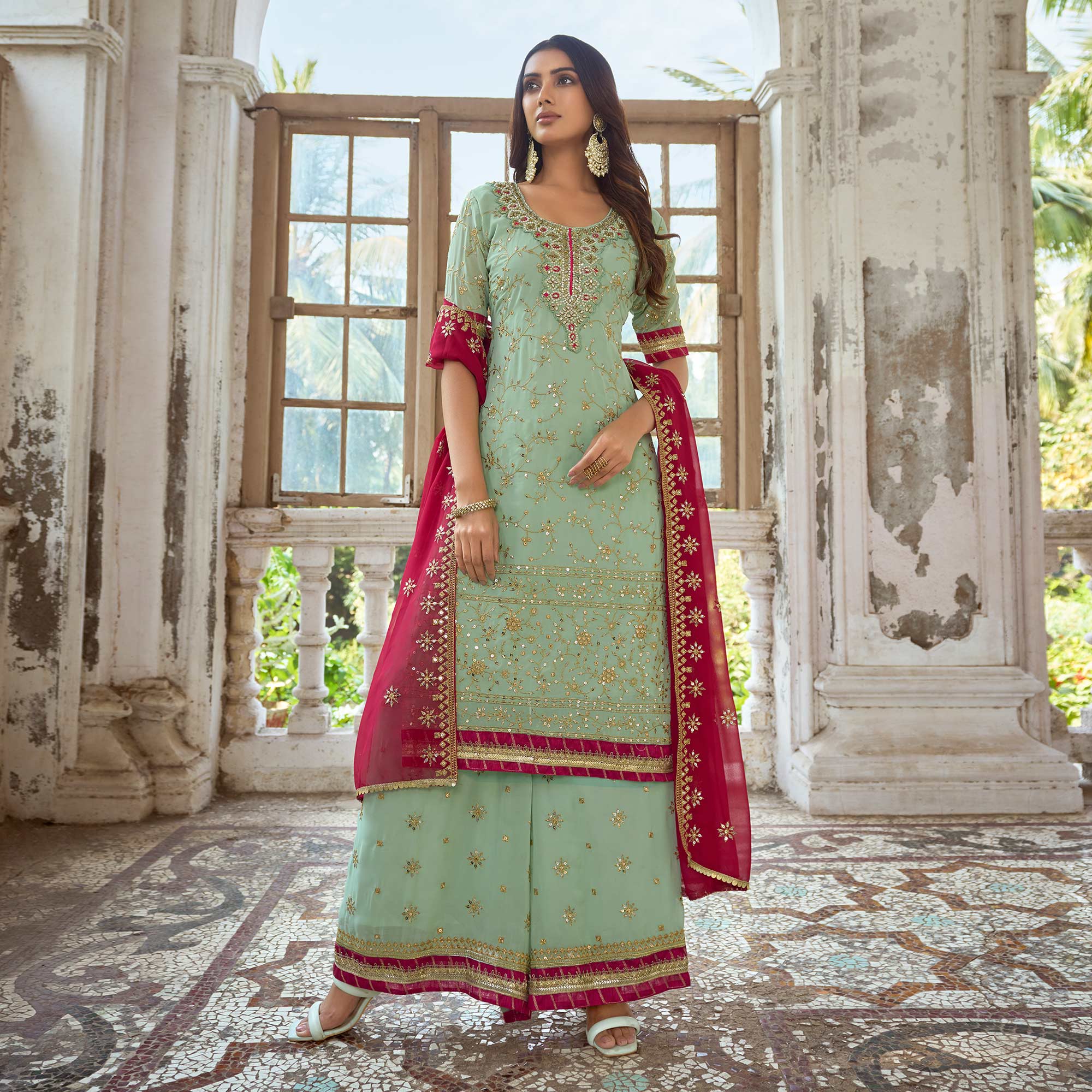 Green Floral Embroidered Georgette Semi Stitched Suit