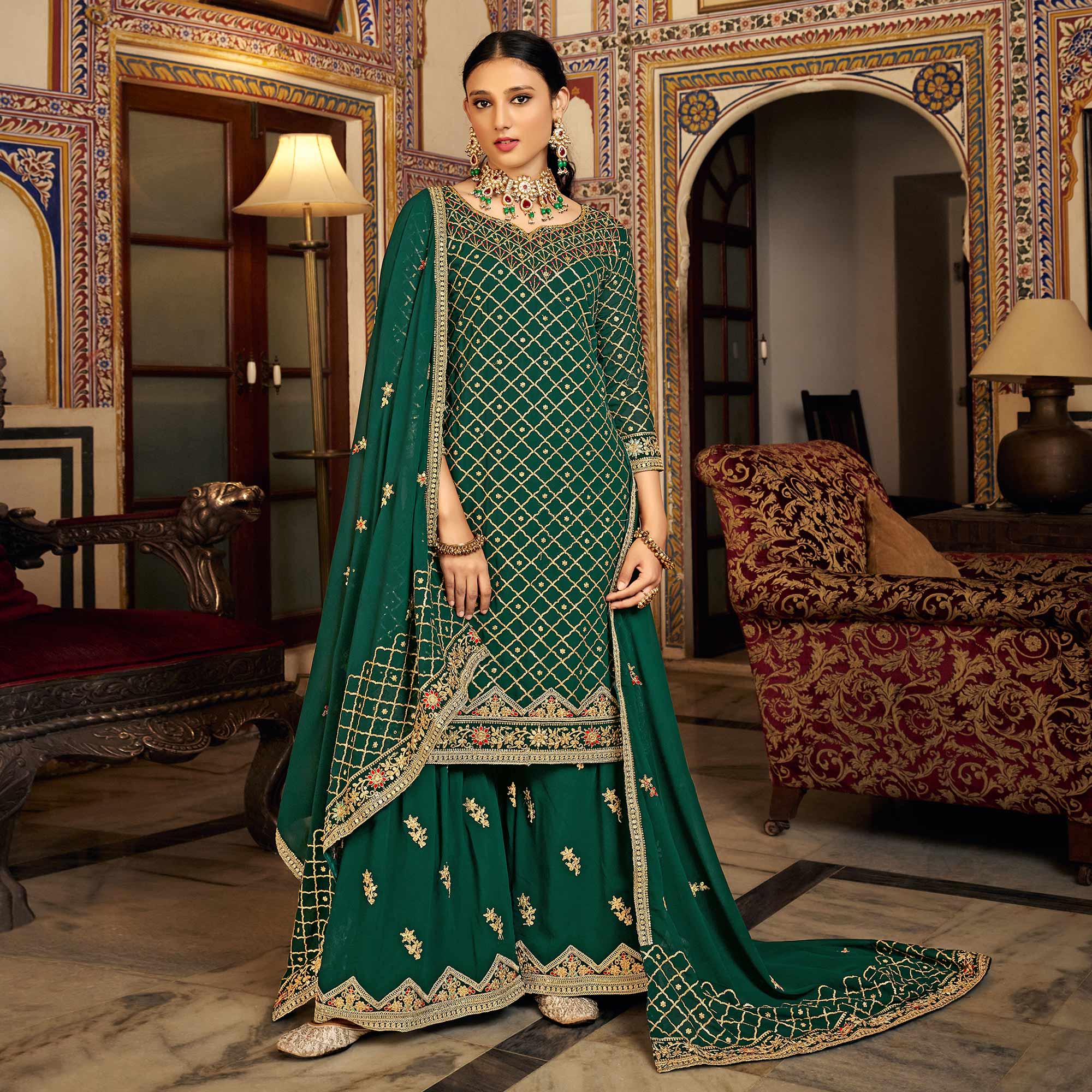 Green Sequins Embroidered Chinon Semi Stitched Suit