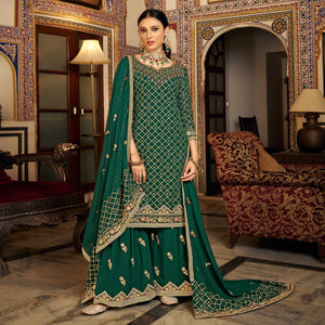 Green Sequins Embroidered Chinon Semi Stitched Suit