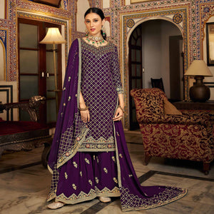 Purple Sequins Embroidered Chinon Semi Stitched Suit