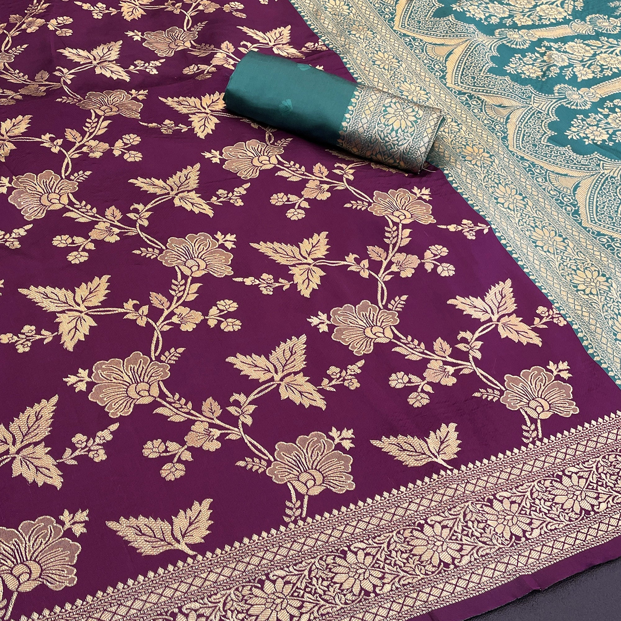 Graceful Wine & Rama Banarasi Silk Saree Featuring Intricate Floral Zari Weaving Work