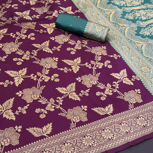 Graceful Wine & Rama Banarasi Silk Saree Featuring Intricate Floral Zari Weaving Work