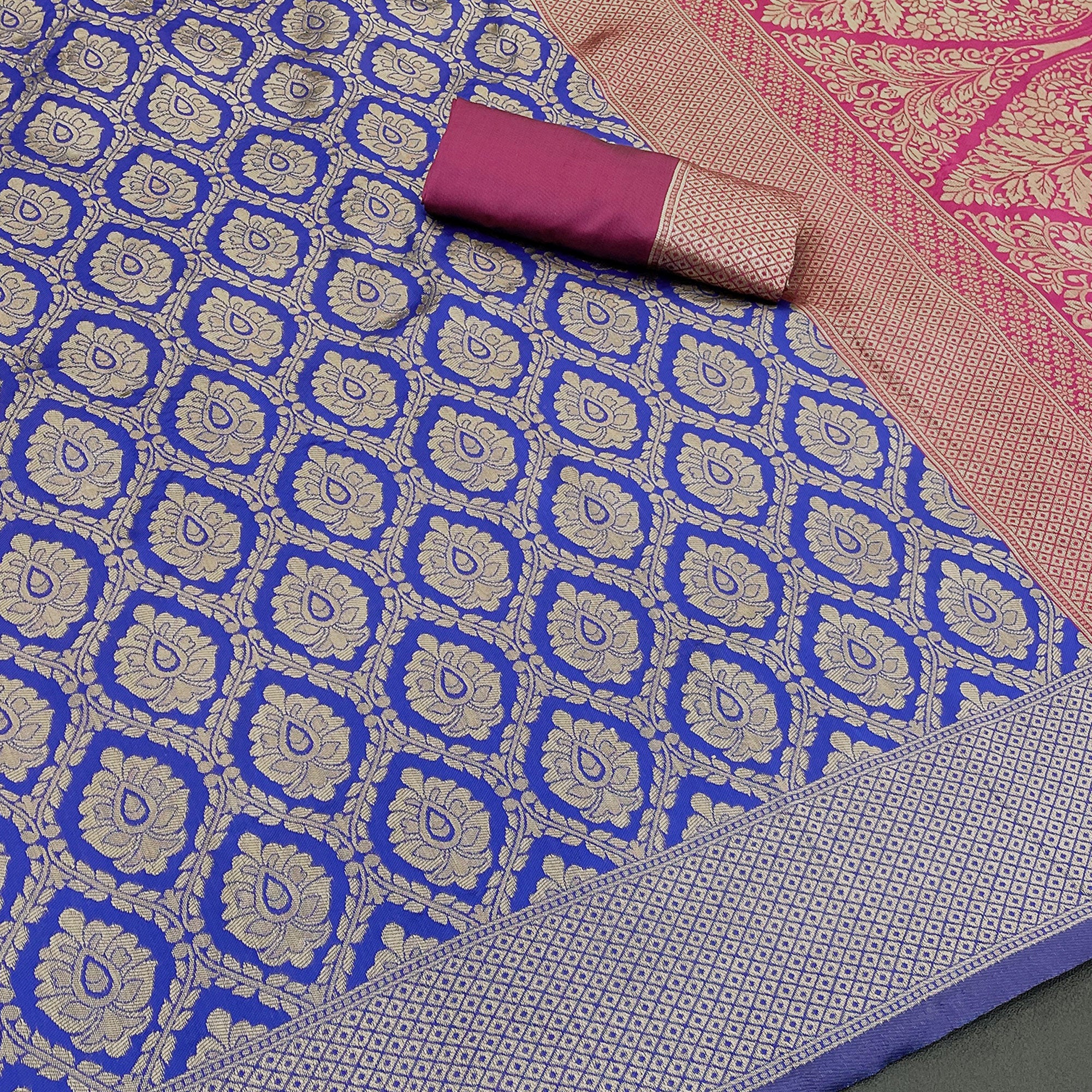 Charming Royal Blue & Pink Banarasi Silk Saree Adorned With Floral Zari Weaving