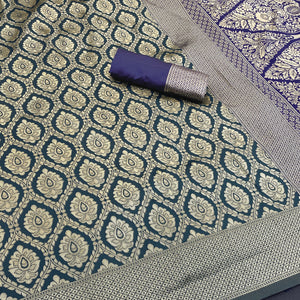 Charming Dark Teal Banarasi Silk Saree Adorned With Floral Zari Weaving
