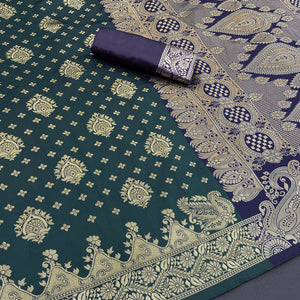 Classic Dark Teal Silk Banarasi Saree Showcasing Delicate Floral Zari Weaving