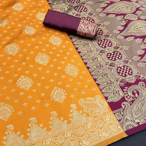 Classic Orange & Purple Silk Banarasi Saree Showcasing Delicate Floral Zari Weaving