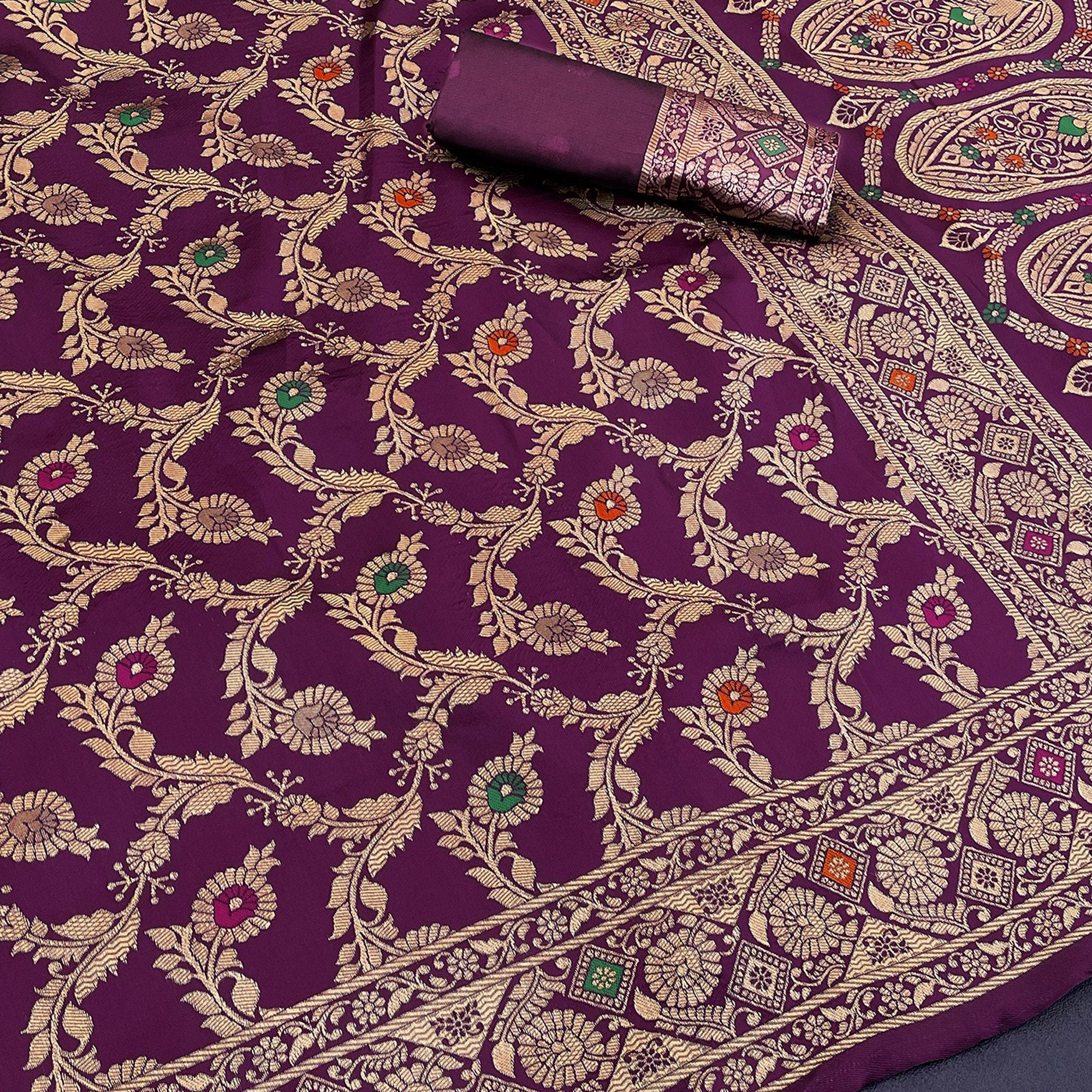 Classic Wine Silk Banarasi Saree Showcasing Delicate Floral Zari Weaving