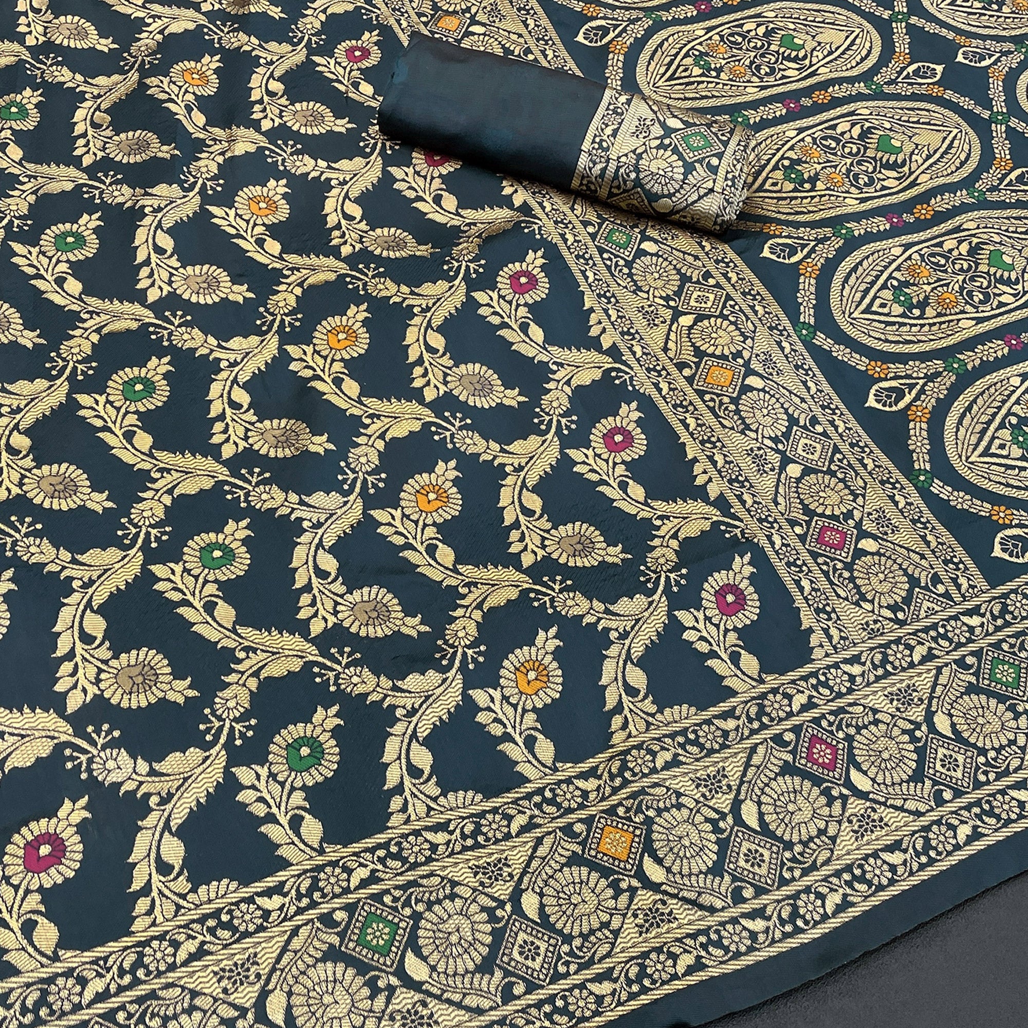 Classic Morpich Blue Silk Banarasi Saree Showcasing Delicate Floral Zari Weaving