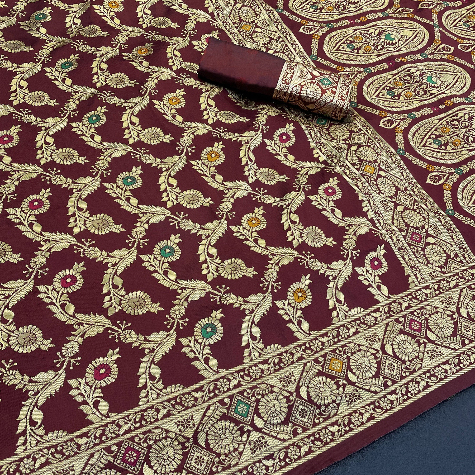 Classic Dark Maroon Silk Banarasi Saree Showcasing Delicate Floral Zari Weaving