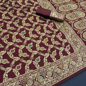 Classic Dark Maroon Silk Banarasi Saree Showcasing Delicate Floral Zari Weaving