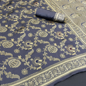 Charming Grey Banarasi Silk Saree Adorned With Floral Zari Weaving