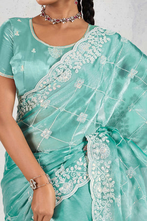 Turquoise Silk Saree with Dazzling Sequin Embroidery