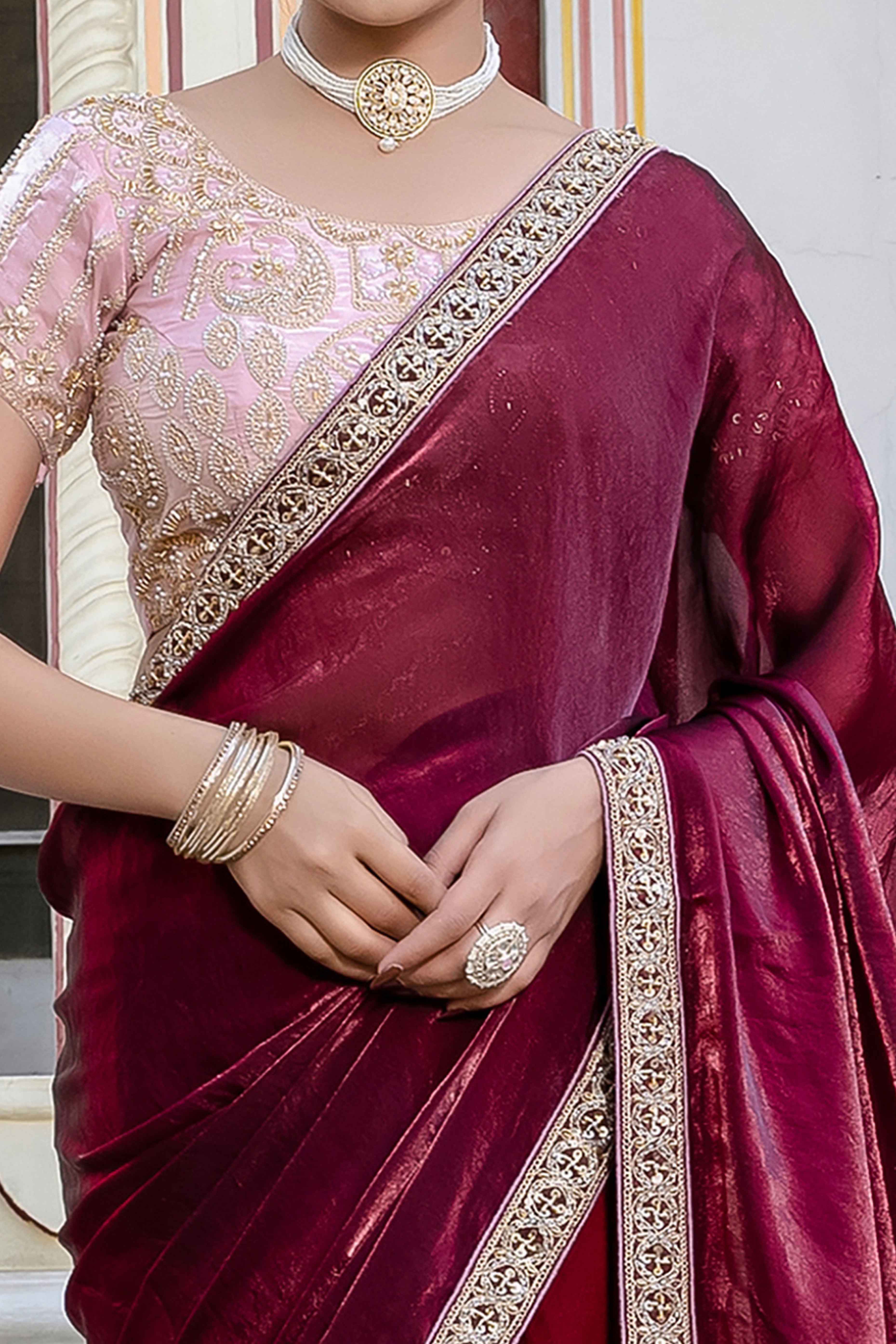Maroon Satin Velvet Saree Adorned With Handcrafted Sequins Beads & Pearl Embellishments