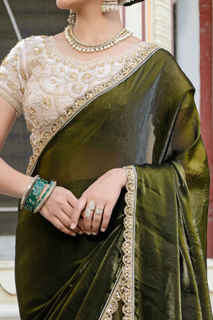 Mehendi Green Satin Velvet Saree Adorned With Handcrafted Sequins Beads & Pearl Embellishments