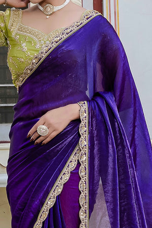 Violet Satin Velvet Saree Adorned With Handcrafted Sequins Beads & Pearl Embellishments