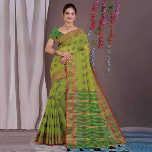 Green Floral Woven Cotton Silk Saree With Tassels