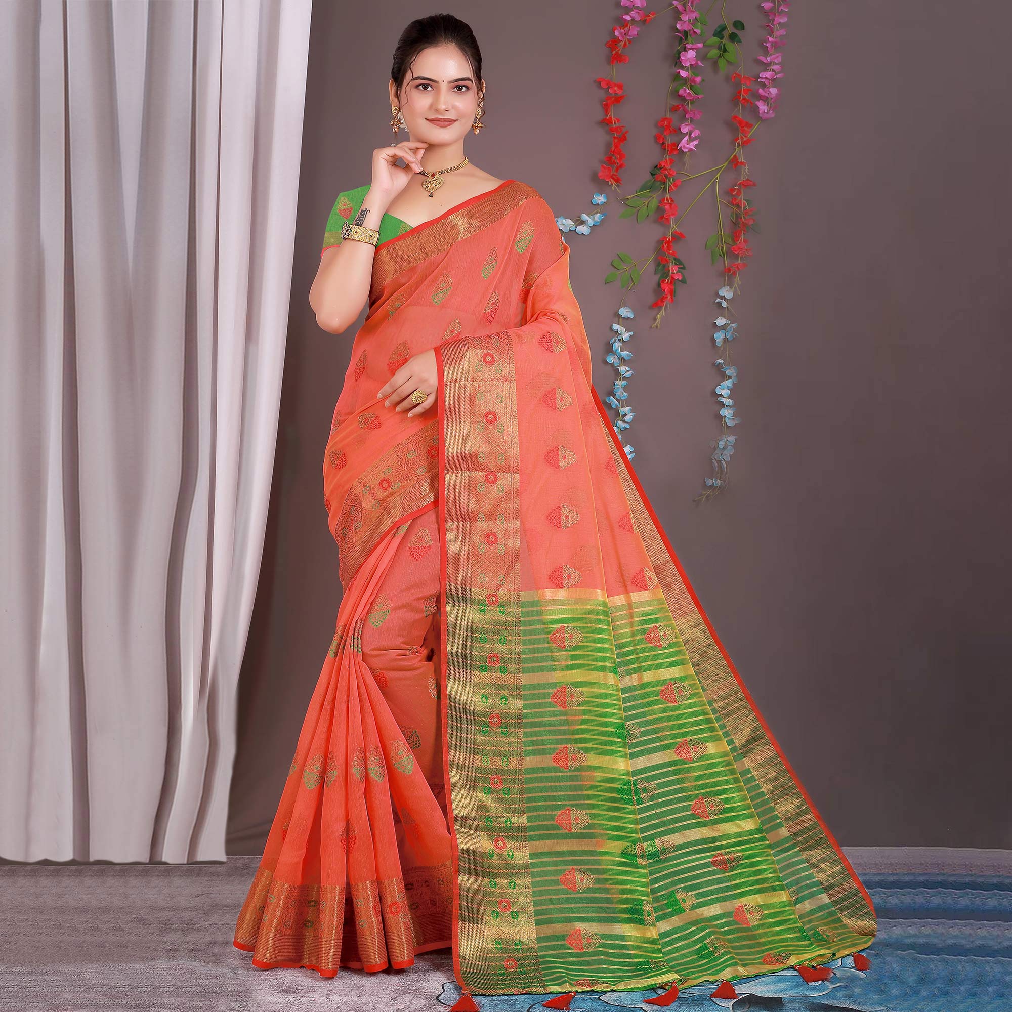 Red Floral Woven Cotton Silk Saree With Tassels