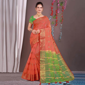Red Floral Woven Cotton Silk Saree With Tassels
