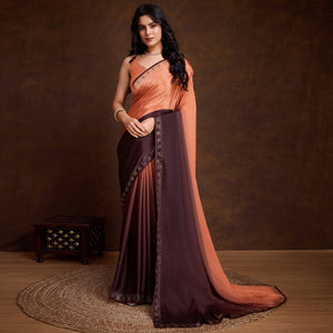 Peach & Brown Swarovski Border Work Chinon Ombre Saree