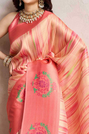 Peach Kanoko Print Weaving Soft Banarasi Silk Saree
