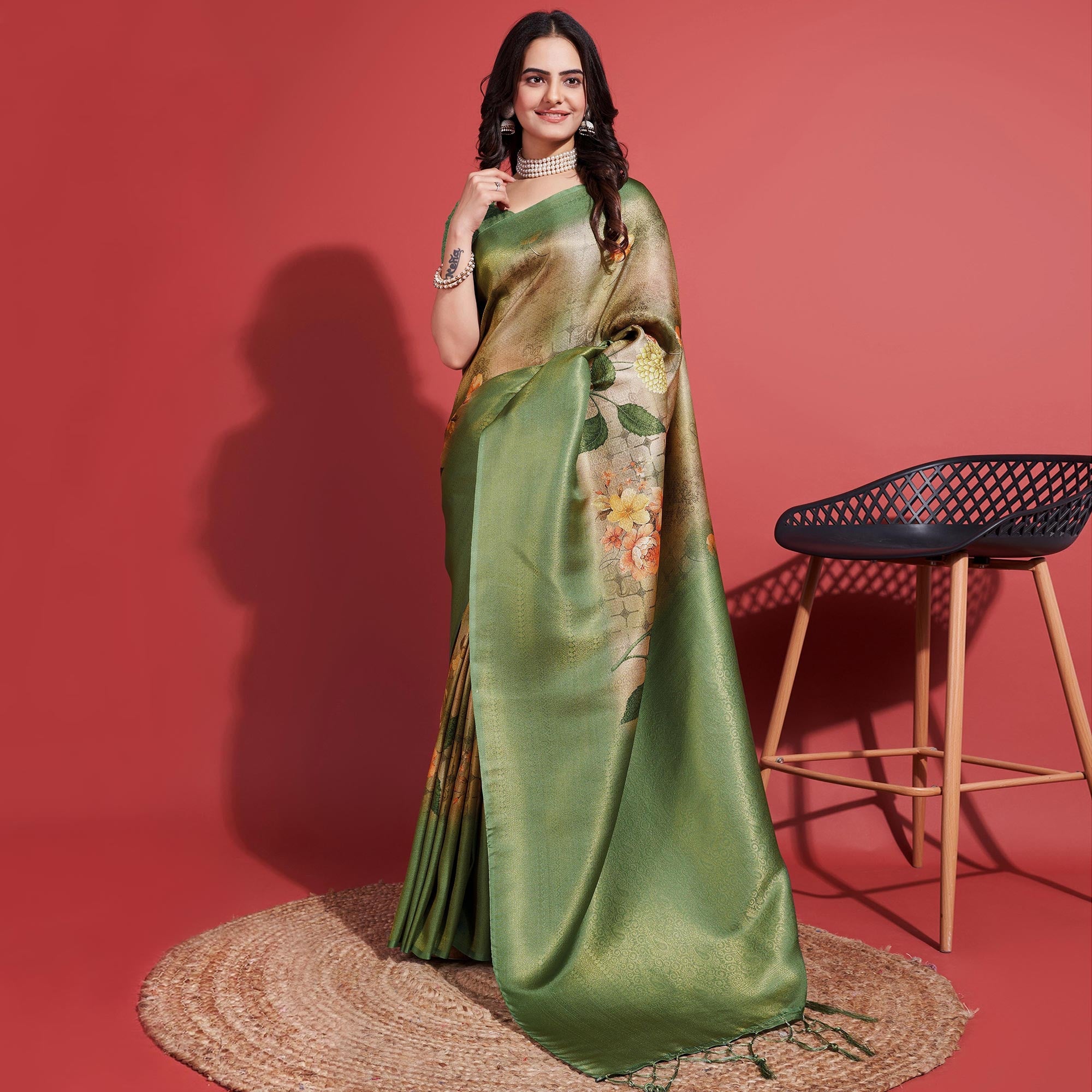 Olive Green Floral Digital Printed With Woven Banarasi Silk Saree