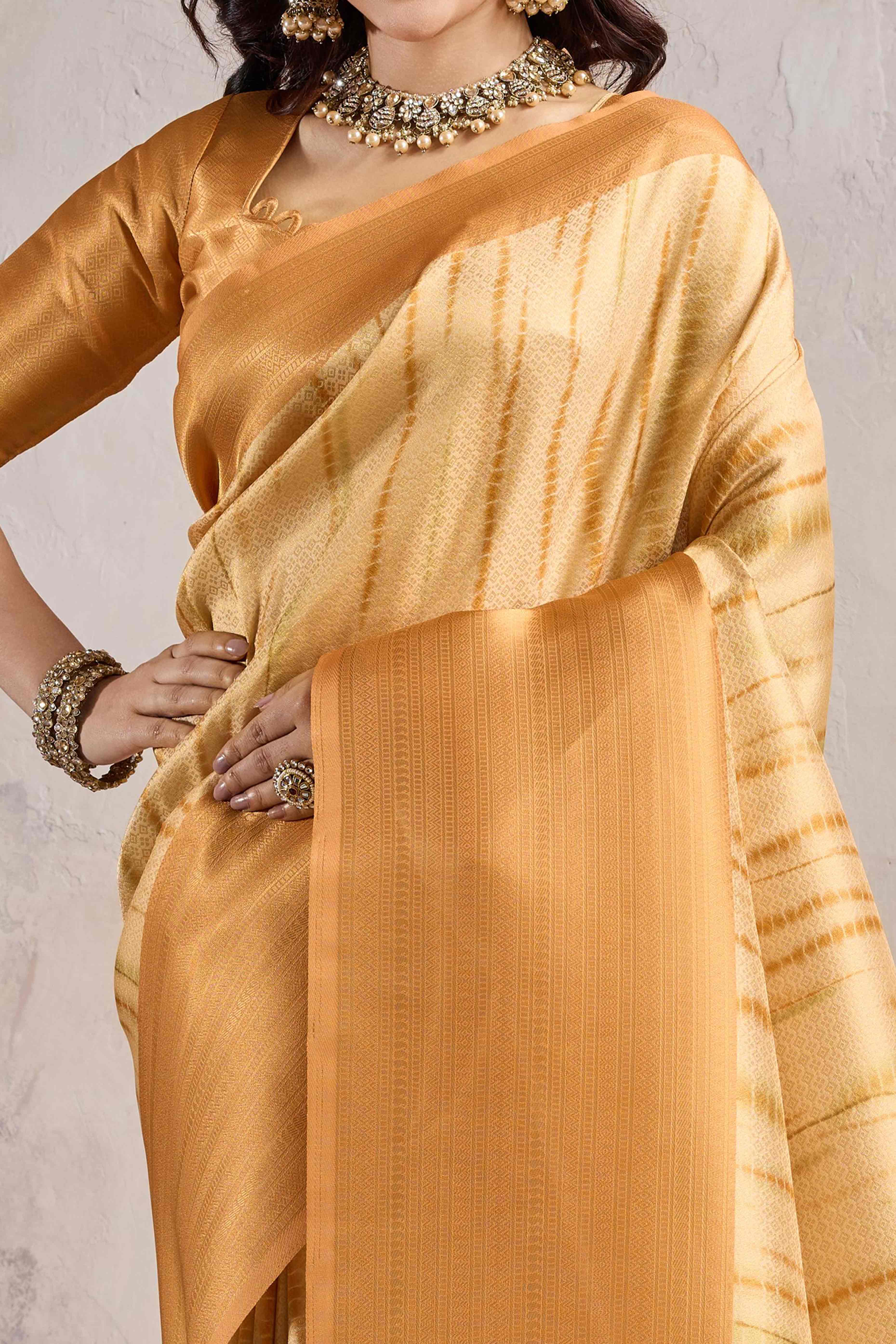 Orange Woven With Digital Printed Banarasi Silk Saree
