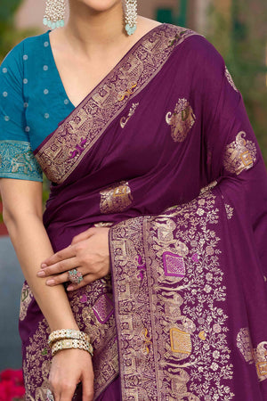 Wine Zari Woven Dola Silk Saree With Intricate Meenakari & Swarovski Embellishments