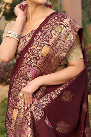 Dark Maroon Zari Woven Dola Silk Saree With Intricate Meenakari & Swarovski Embellishments
