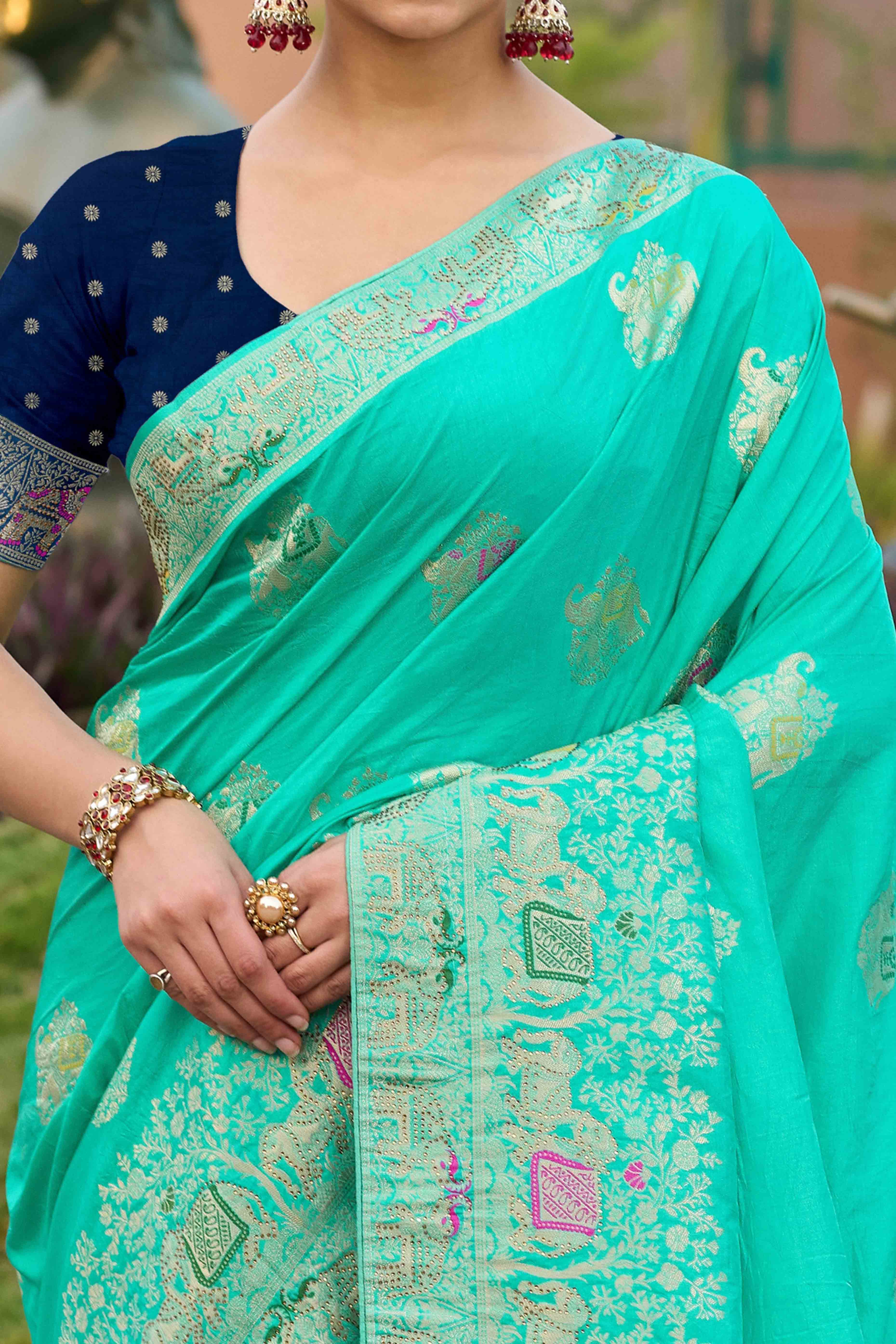 Turquoise Zari Woven Dola Silk Saree With Intricate Meenakari & Swarovski Embellishments