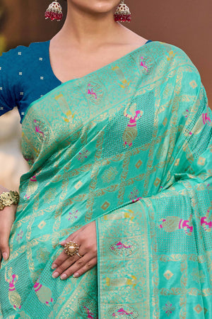Turquoise Dola Silk Saree Featuring Intricate Gharchola Woven Design