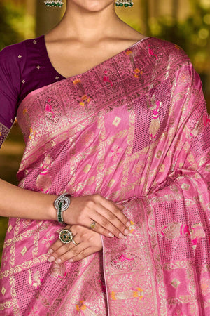 Dusty Pink Dola Silk Saree Featuring Intricate Gharchola Woven Design