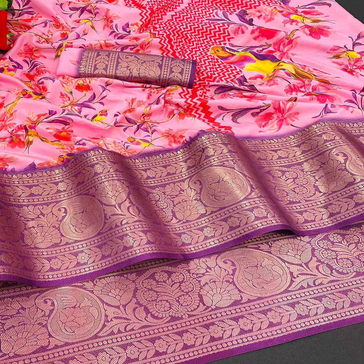 Pink Floral Digital Printed With Woven Border Dola Silk Saree