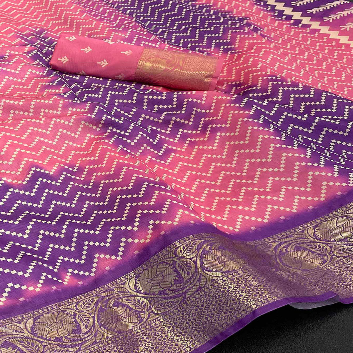 Baby Pink Digital Printed With Woven Border Dola Silk Saree