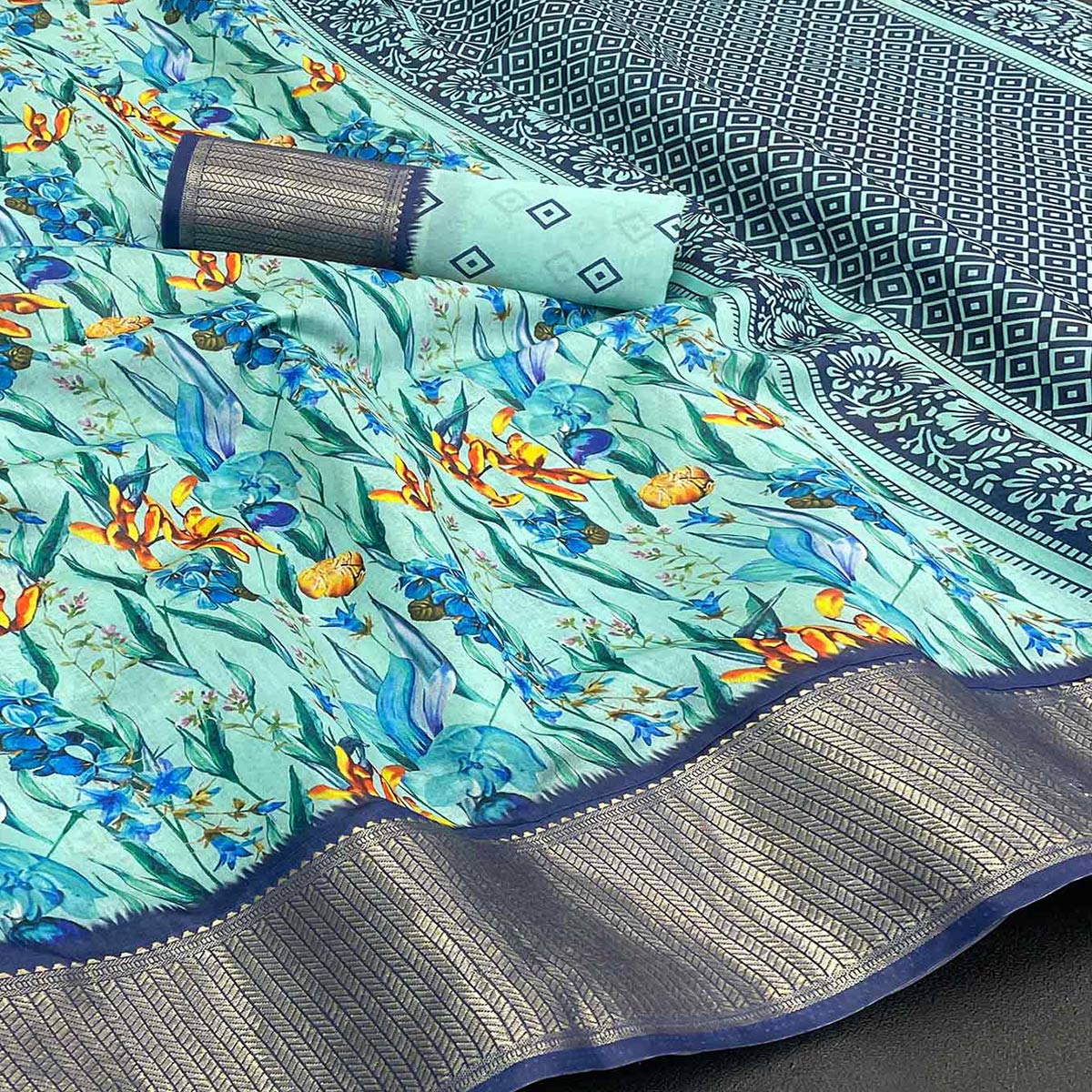 Blue Floral Digital Printed With Woven Border Dola Silk Saree