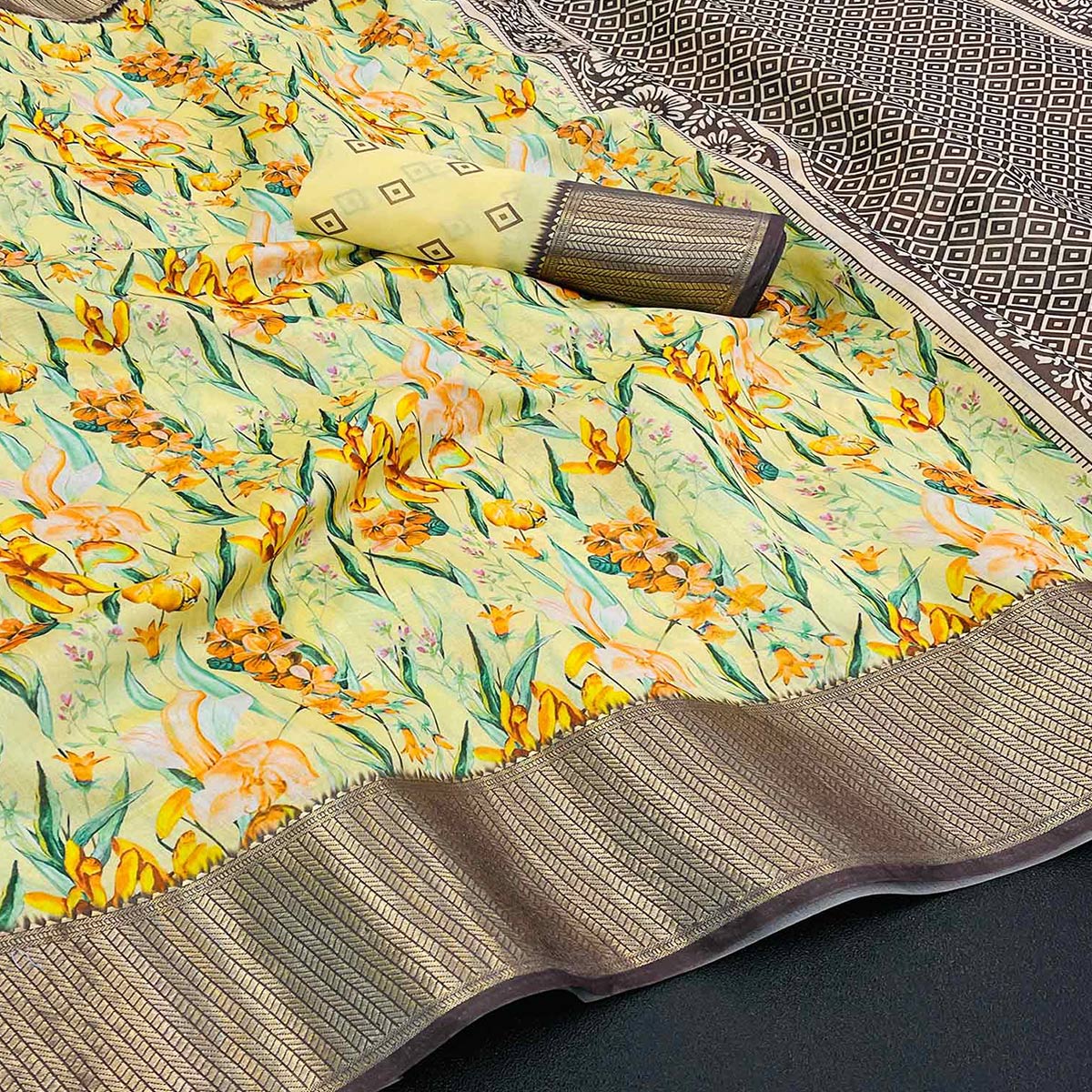Yellow Floral Digital Printed With Woven Border Dola Silk Saree