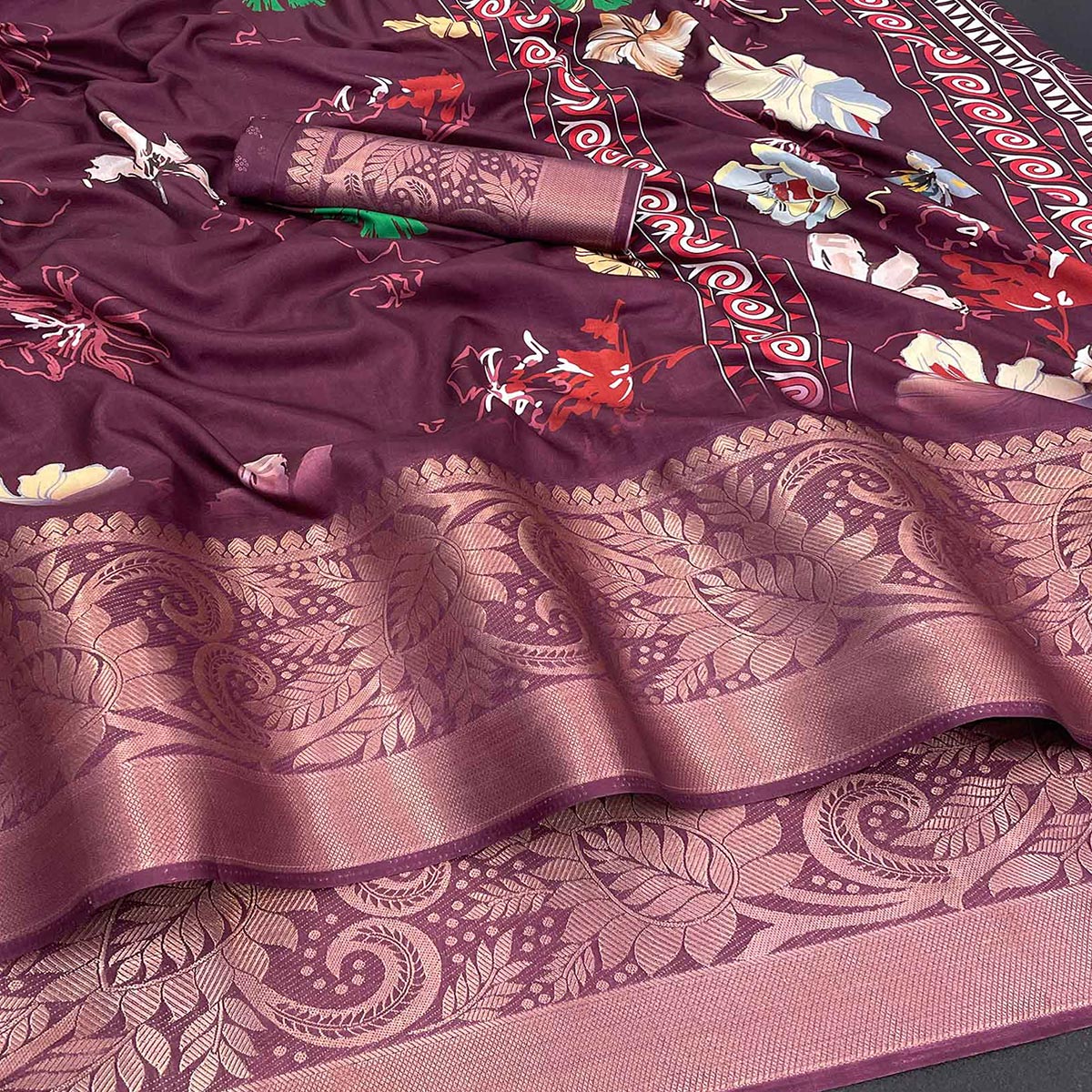 Burgundy Floral Digital Printed With Woven Border Dola Silk Saree