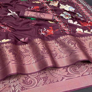 Burgundy Floral Digital Printed With Woven Border Dola Silk Saree