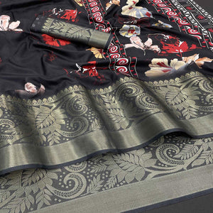 Black Floral Digital Printed With Woven Border Dola Silk Saree