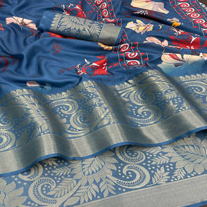 Blue Floral Digital Printed With Woven Border Dola Silk Saree