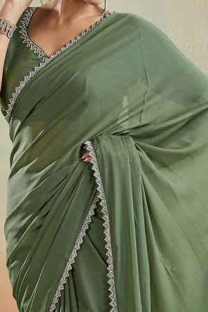 Green Solid Matt Georgette Saree With Ceramic Embellished Lace Border