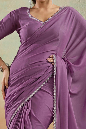Orchid Purple Solid Matt Georgette Saree With Ceramic Embellished Lace Border
