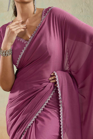 Deep Rose Pink Solid Matt Georgette Saree With Ceramic Embellished Lace Border
