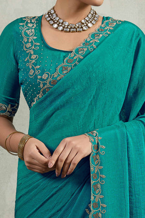 Teal Velvet Chiffon Saree Accented with Sparkling Zarkan Detailing