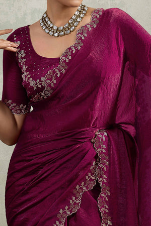 Wine Velvet Chiffon Saree Accented with Sparkling Zarkan Detailing
