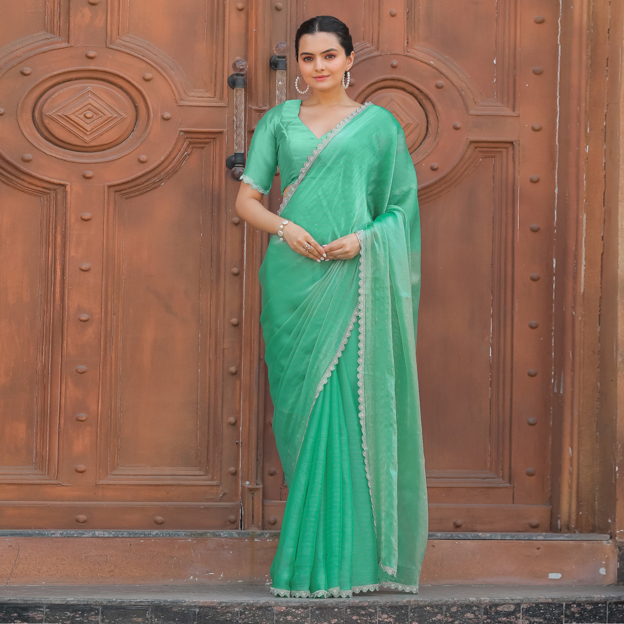 Sea Green Stonework Tussar Silk Saree